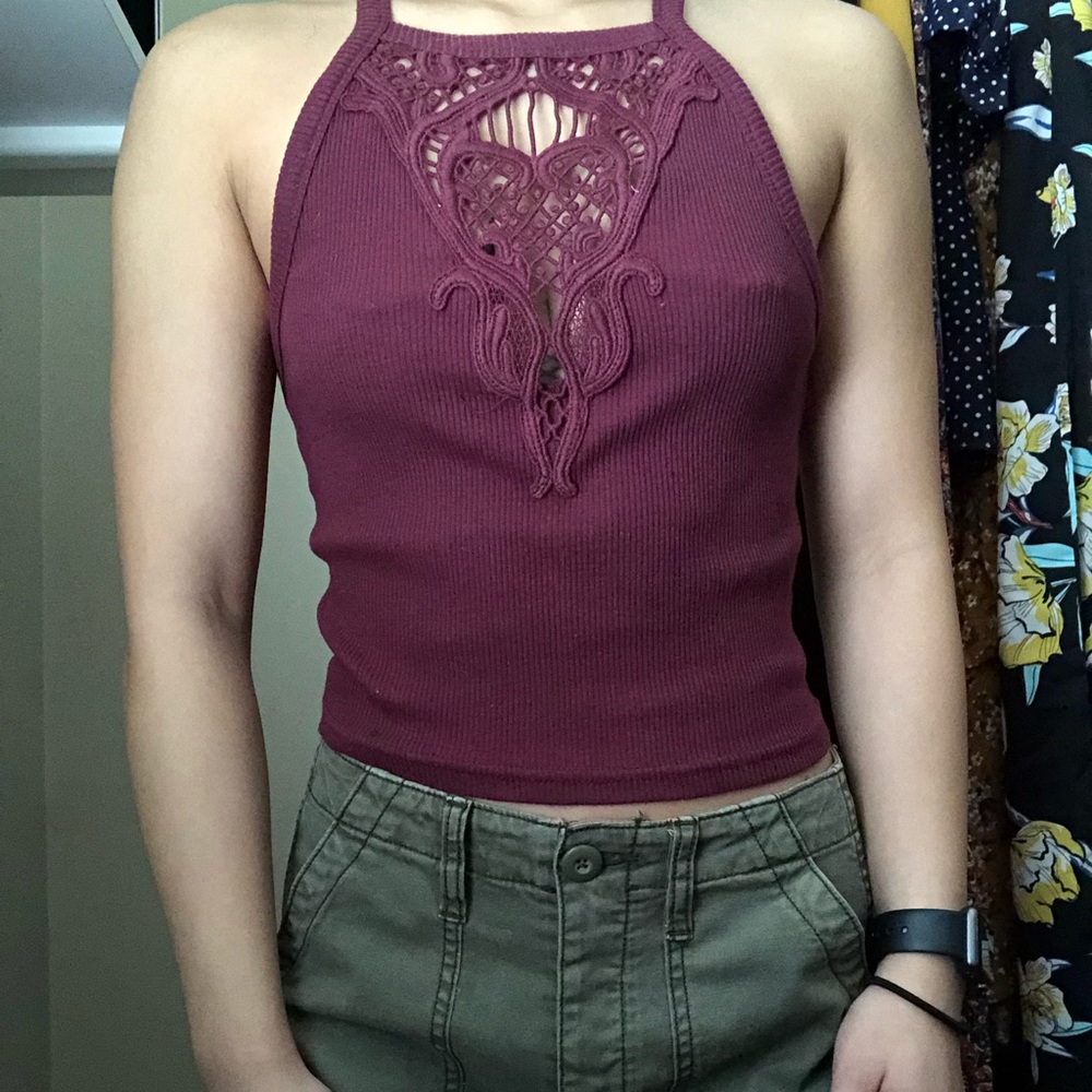maroon high neck top